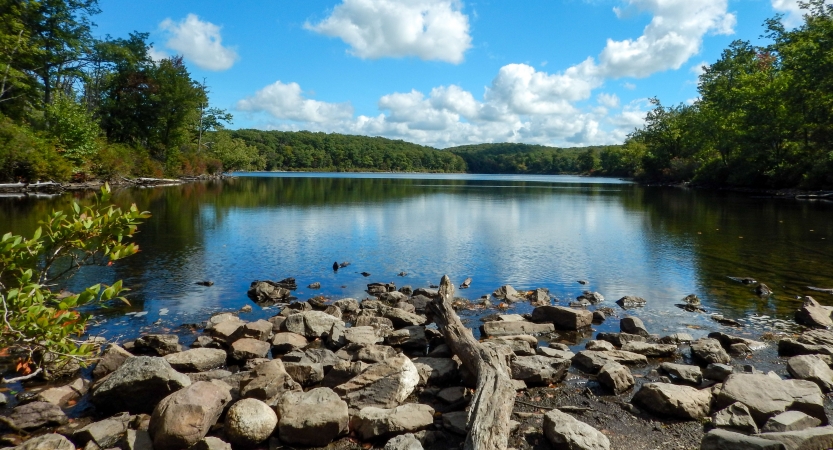 IN the foreground, a rocky shore frames a body of water that reflects the trees surrounding it and a blue sky